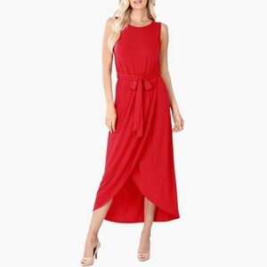 Zenana Red Tulip High Low Belted Sleeveless Midi Dress Multiple Sizes